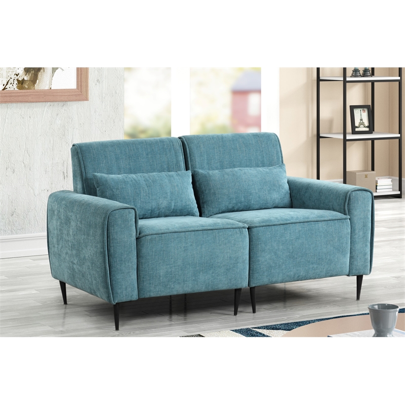 Valentina Blue Chenille Loveseat with Metal Legs and Throw Pillows