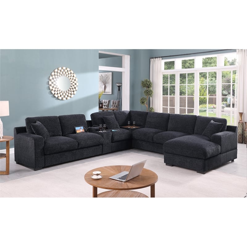 Celine Dark Gray Chenille Fabric Sectional Chaise Cupholders Charging Ports