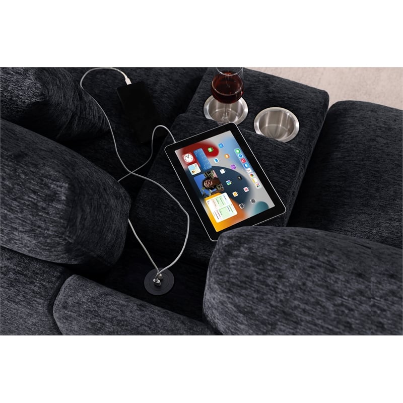 Celine Dark Gray Chenille Fabric Sectional Chaise Cupholders Charging Ports