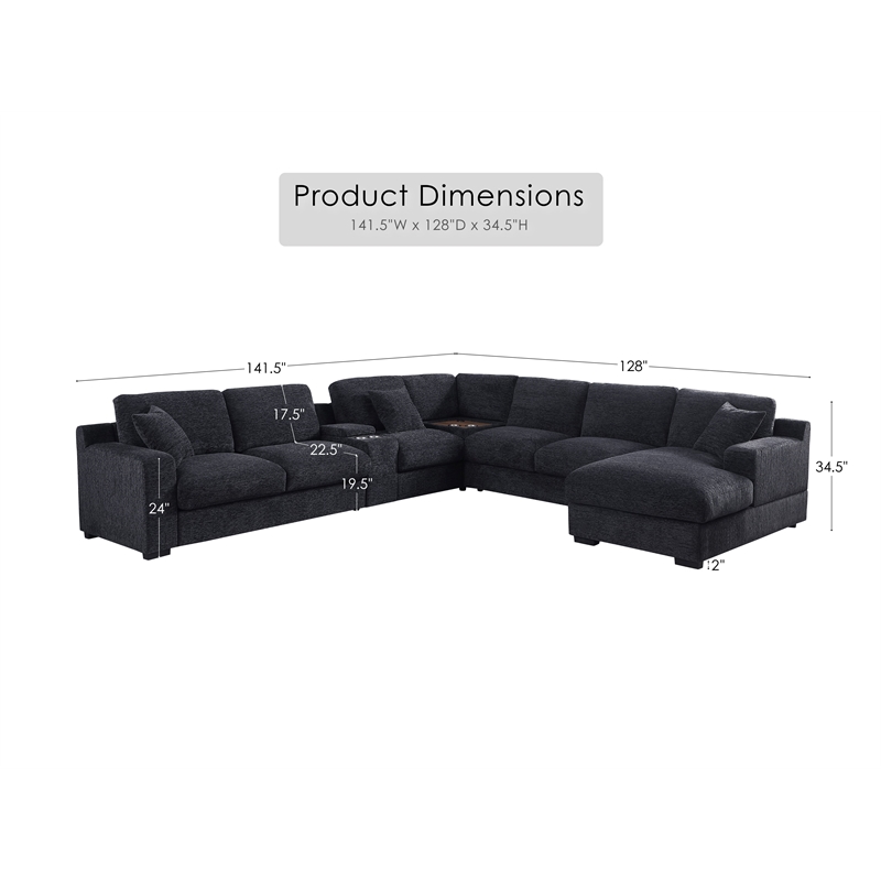 Celine Dark Gray Chenille Fabric Sectional Chaise Cupholders Charging Ports