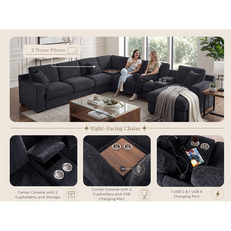 Celine Dark Gray Chenille Fabric Sectional Chaise Cupholders Charging Ports