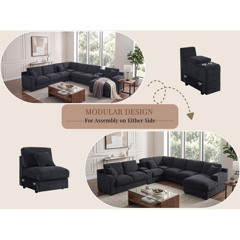 Celine Dark Gray Chenille Fabric Sectional Chaise Cupholders Charging Ports