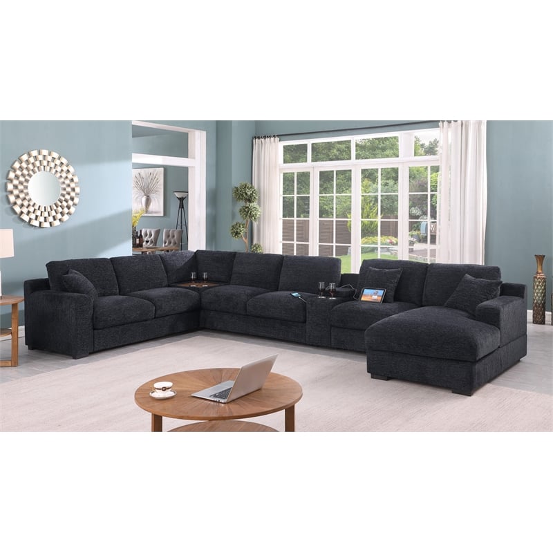 Celine Dark Gray Chenille Fabric Sectional Chaise Cupholders Charging Ports