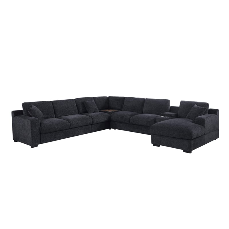 Celine Dark Gray Chenille Fabric Sectional Chaise Cupholders Charging Ports