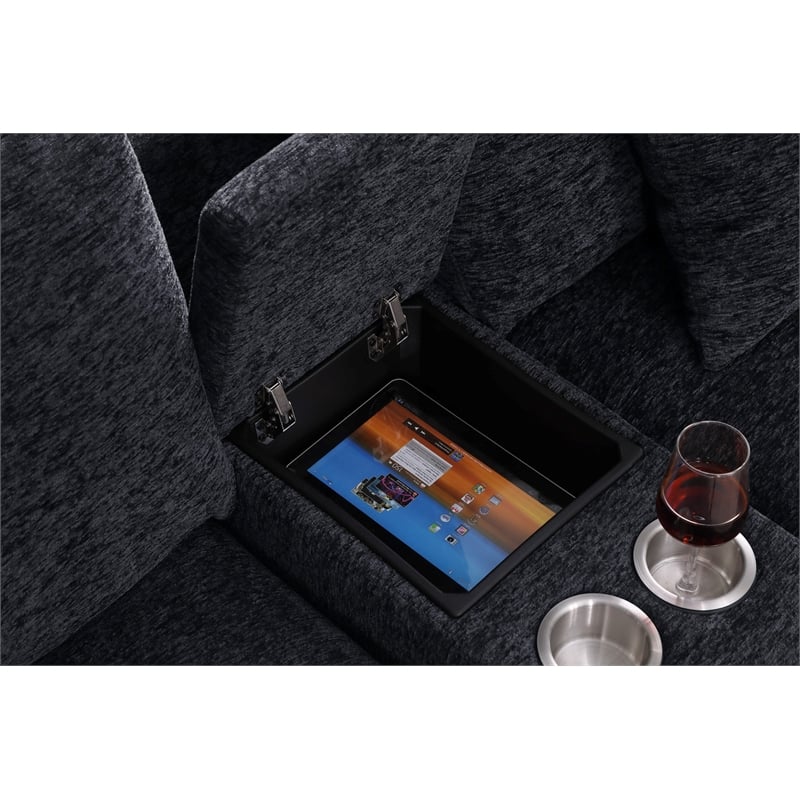 Celine Dark Gray Chenille Fabric Sectional Chaise Cupholders Charging Ports