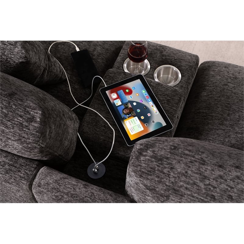 Celine Gray Chenille Fabric Sectional Rt-Facing Chaise Cupholders Charging Ports