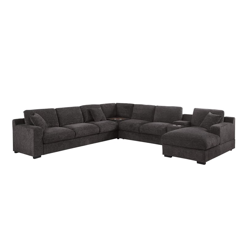 Celine Gray Chenille Fabric Sectional Rt-Facing Chaise Cupholders Charging Ports