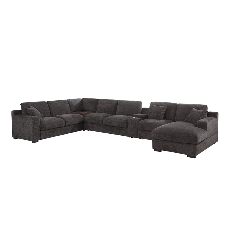 Celine Gray Chenille Fabric Sectional Rt-Facing Chaise Cupholders Charging Ports