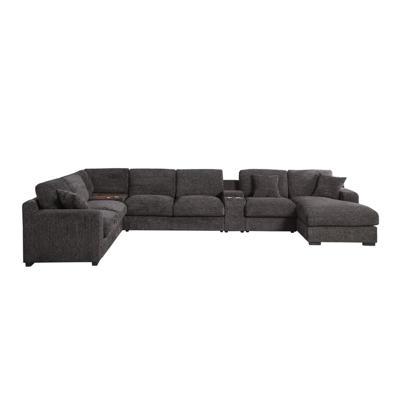 Celine Gray Chenille Fabric Sectional Rt-Facing Chaise Cupholders Charging Ports