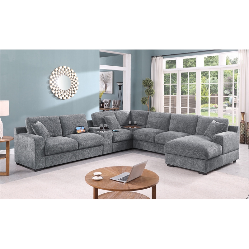 Celine Light Gray Chenille Sectional Rt-Facing Chaise Cupholders Charging Ports