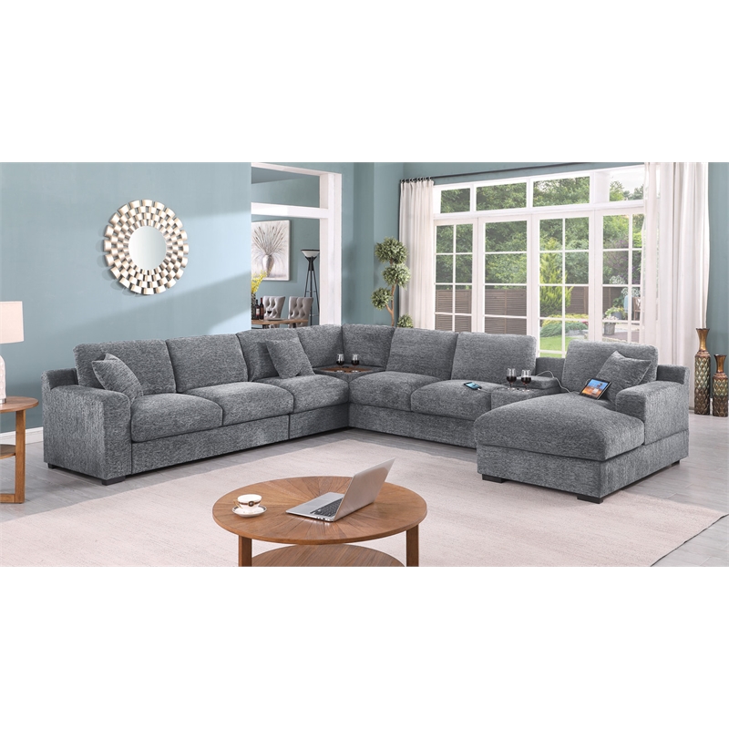 Celine Light Gray Chenille Sectional Rt-Facing Chaise Cupholders Charging Ports
