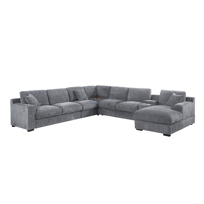 Celine Light Gray Chenille Sectional Rt-Facing Chaise Cupholders Charging Ports