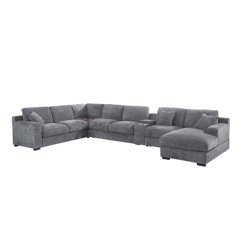 Celine Light Gray Chenille Sectional Rt-Facing Chaise Cupholders Charging Ports