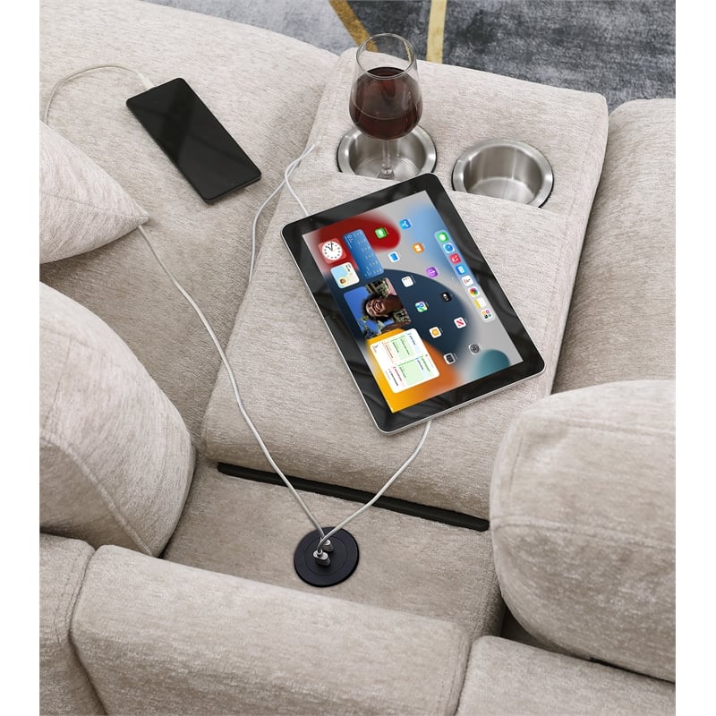 Celine Beige Chenille Fabric Sectional Chaise Cupholders Charging Ports