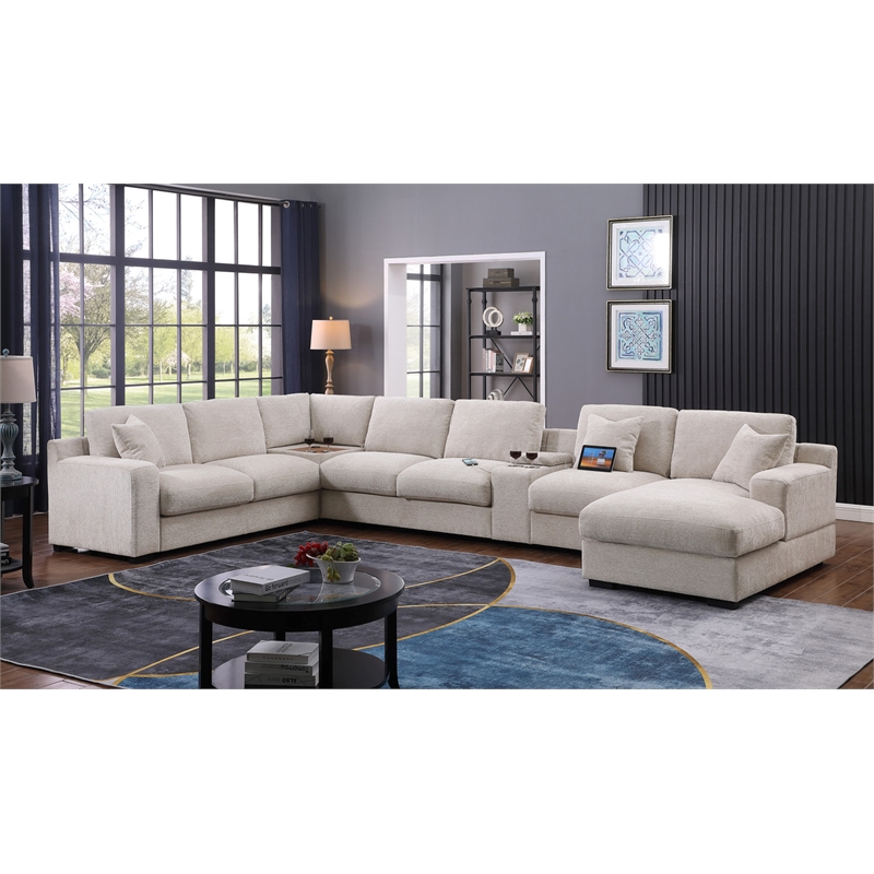 Celine Beige Chenille Fabric Sectional Chaise Cupholders Charging Ports