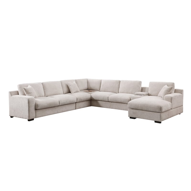 Celine Beige Chenille Fabric Sectional Chaise Cupholders Charging Ports