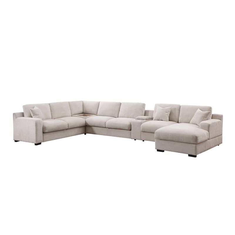Celine Beige Chenille Fabric Sectional Chaise Cupholders Charging Ports