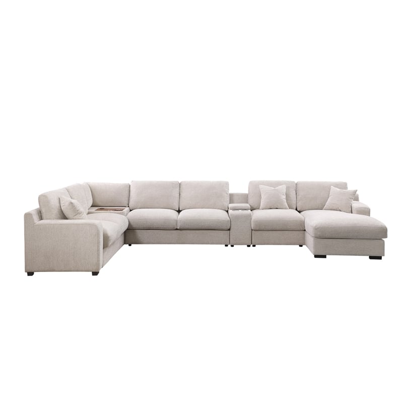 Celine Beige Chenille Fabric Sectional Chaise Cupholders Charging Ports