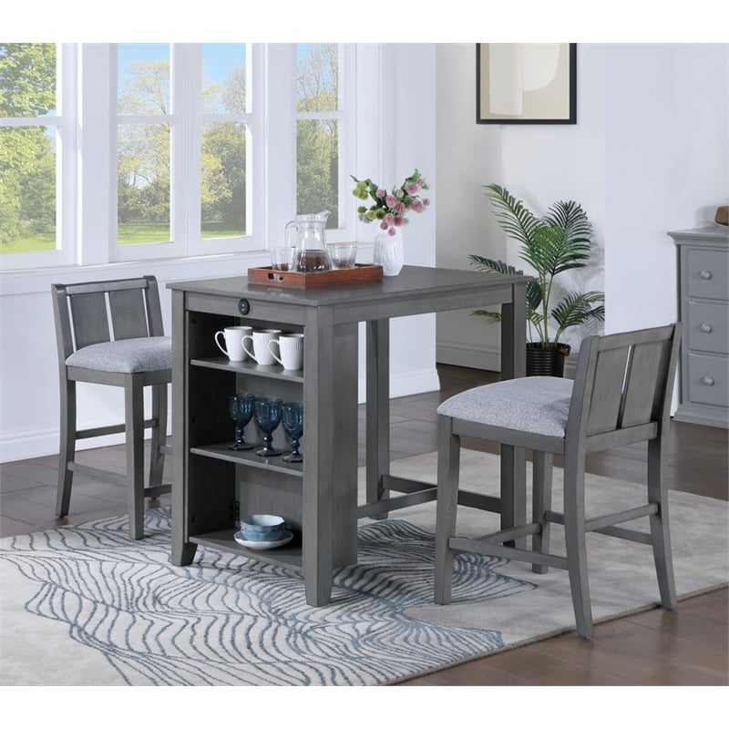 Graham 3-Piece Gray Finish Counter Height Dining Table with Shelves and 2 Chairs