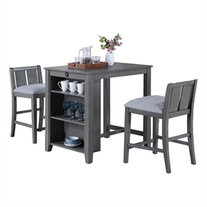 Graham 3-Piece Gray Finish Counter Height Dining Table with Shelves and 2 Chairs
