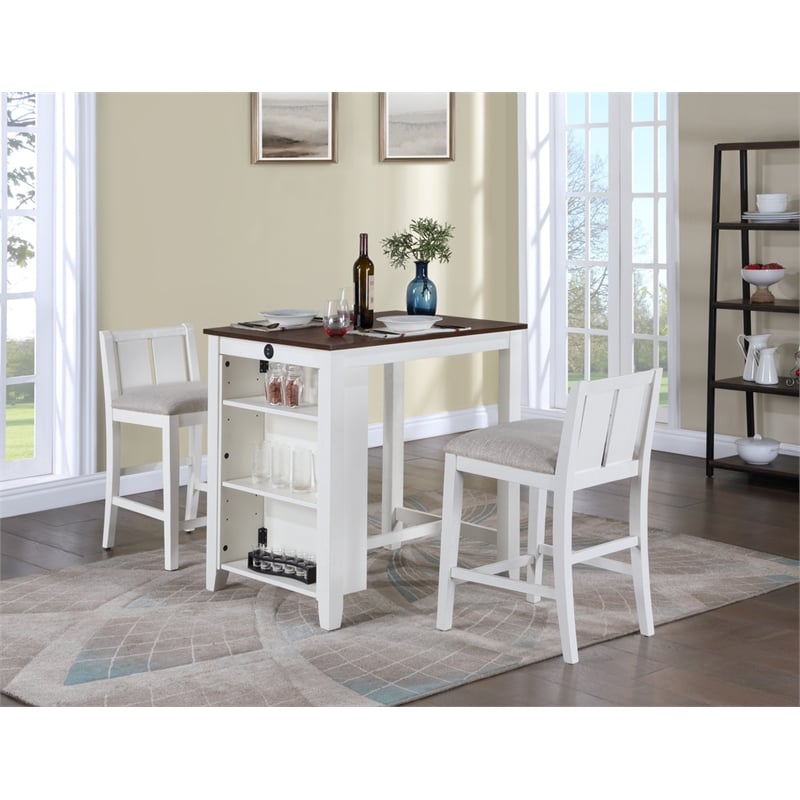 Graham 3-Piece White Finish Counter Height Dining Table Shelves and 2 Chairs
