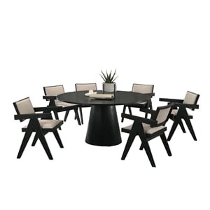 Jasper 7-PC Ebony Black Wood 59&quotW Round Dining Set with Pedestal Base