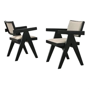 Jasper 21&quot Set of 2 Ebony Black Wood Dining Arm Chairs Beige Upholstered Seat