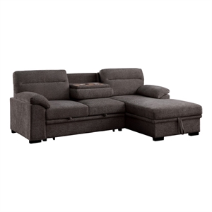 Kipling II 94&quotW Brown Chenille Sleeper Sectional Storage Cupholder USB