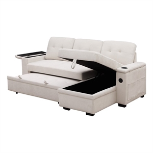Ashlyn II 84&quotW Beige Reversible Sleeper Sofa w/ Storage USB Pocket Coil Seating