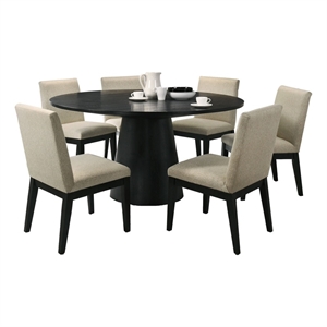 Jasper Ebony Black Wood 7-PC 59&quotRd Dining Tbl.Set w/Pedestal Base+Fabric Chairs