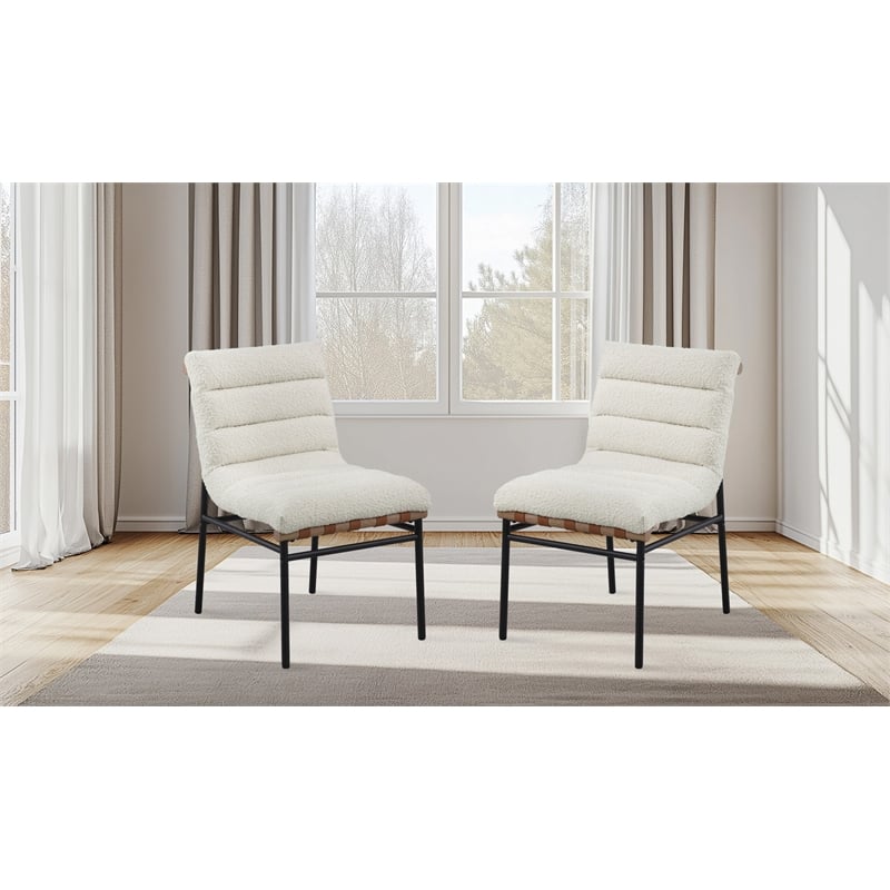 Lahni White Boucle Fabric Set of 2 Dining Chair with Black Iron Legs