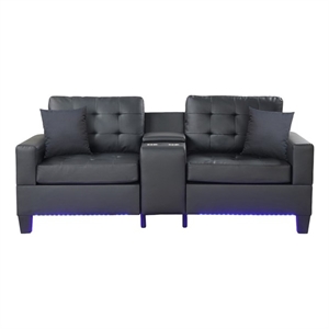Genesis 85&quotW Black PVC Fabric Sofa w/ LED+USB+Storage+Cuphldrs+Tufted Cushions