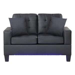 Genesis 55.5&quotW Black PVC Fabric Loveseat with LED Lights+USB+Tufted Cushions