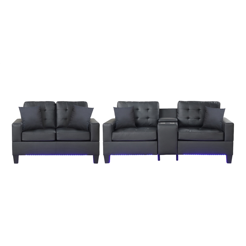 Genesis Black PVC Fabric Living Room Set w/ LED+USB+Strg+Cuphldrs+Tuft. Cushions