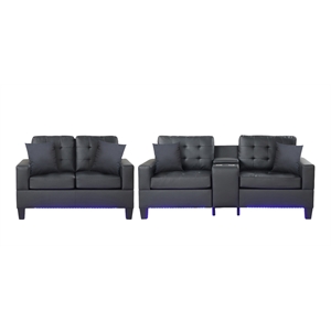 genesis black pvc fabric living room set w/ led+usb+strg+cuphldrs+tuft. cushions