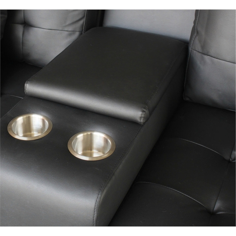 Genesis Black PVC Fabric Living Room Set w/ LED+USB+Strg+Cuphldrs+Tuft. Cushions