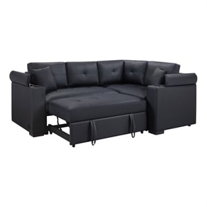 Donovan 84.5&quotW Black PVC Fabric Sleeper Sectional w/USB+Cupholders+Storage Arms