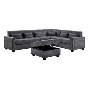 Trey 115&quot Gray Chenille Sectional-Adjustable Backrest+USB Ports+ Storage Ottoman