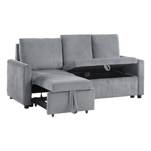 Oswin 70&quot Gray Corduroy Fabric Sofa w/Pull-Out Chaise+Storage+Side Pocket