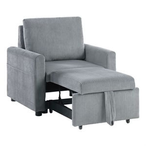 Oswin 32.5&quotW Gray Corduroy Fabric Armchair with Pull-Out Chaise and Side Pocket