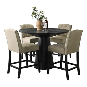 Jasper 5Pc 47&quotRd Ebony Black Wooden Pedestal Counter Height Set w/Fabric Chairs