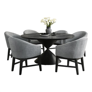 Haven 7Pc 59&quotRd Ebony Black Wood Dining Set w/Hourglass Tbl+Fabric Barrel Chairs