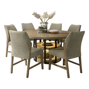 Eden 7Pc 59&quotRd Rustic Oak Wooden Dining Set w/LED+Metal Table Frame+Linen Chairs