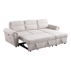 Hugoo 97&quotW Beige Chenille Reversible Sleeper Sectional Sofa Chaise w/USB+Pockets