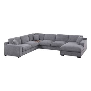 Celine 128&quotW Light Gray Chenille Fabric Corner Sect.Sofa w/RF Chaise+Cphldrs+USB