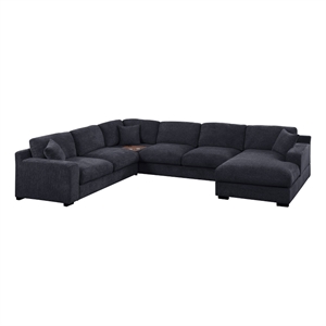 Celine 128&quotW Charcoal Chenille Fabric Corner Sect.Sofa w/RF Chaise+Cphldrs+USB