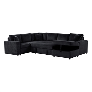 Ruxley 123&quotW Black Corduroy Fabric Sleeper Sect.Sofa w/RF Storage Chaise+Pillows