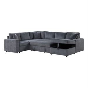 Ruxley 123&quotW Gray Corduroy Fabric Sleeper Sect.Sofa w/RF Storage Chaise+Pillows