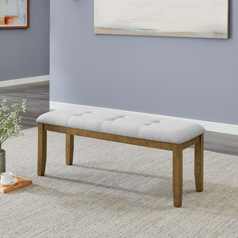 Darla Walnut Oak Wood Dining Bench in Light Gray Fabric with Tufting