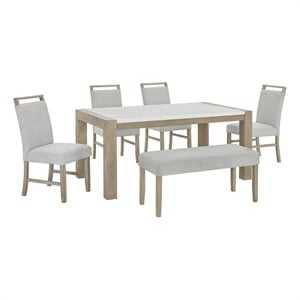 Tabitha 6Pc 66&quotW Rect White Faux Marble Top Dining Set Light Oak Wood Fin+Bench